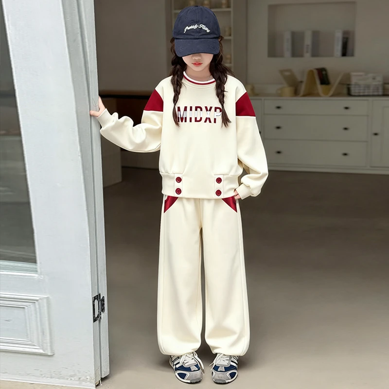 女童秋冬套装2026年款衣服儿童加绒加厚假两件卫衣休闲卫裤两件套