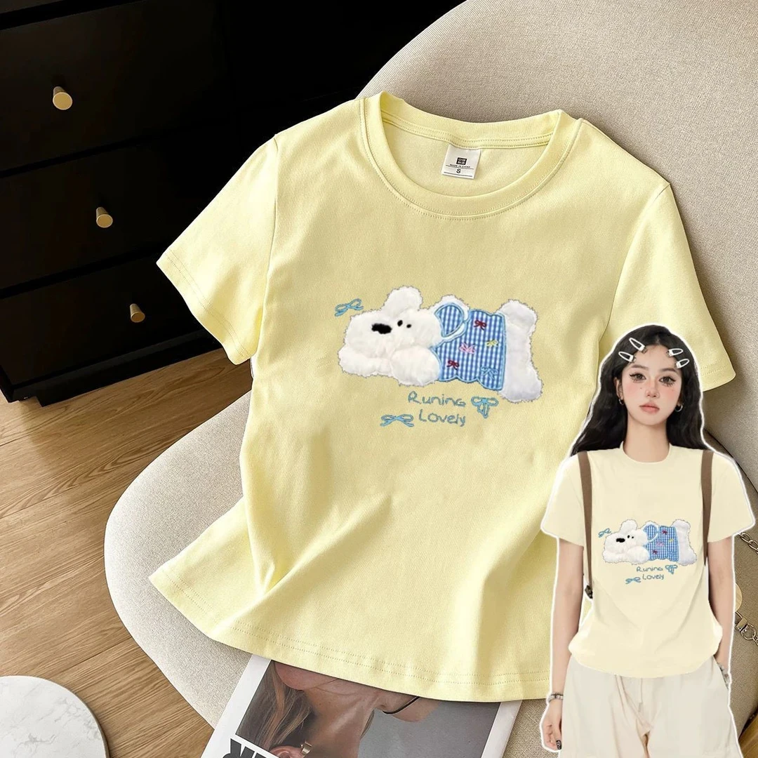 正肩短袖T恤女新款夏季休闲时尚多巴胺美式慵懒chic辣妹修身上衣