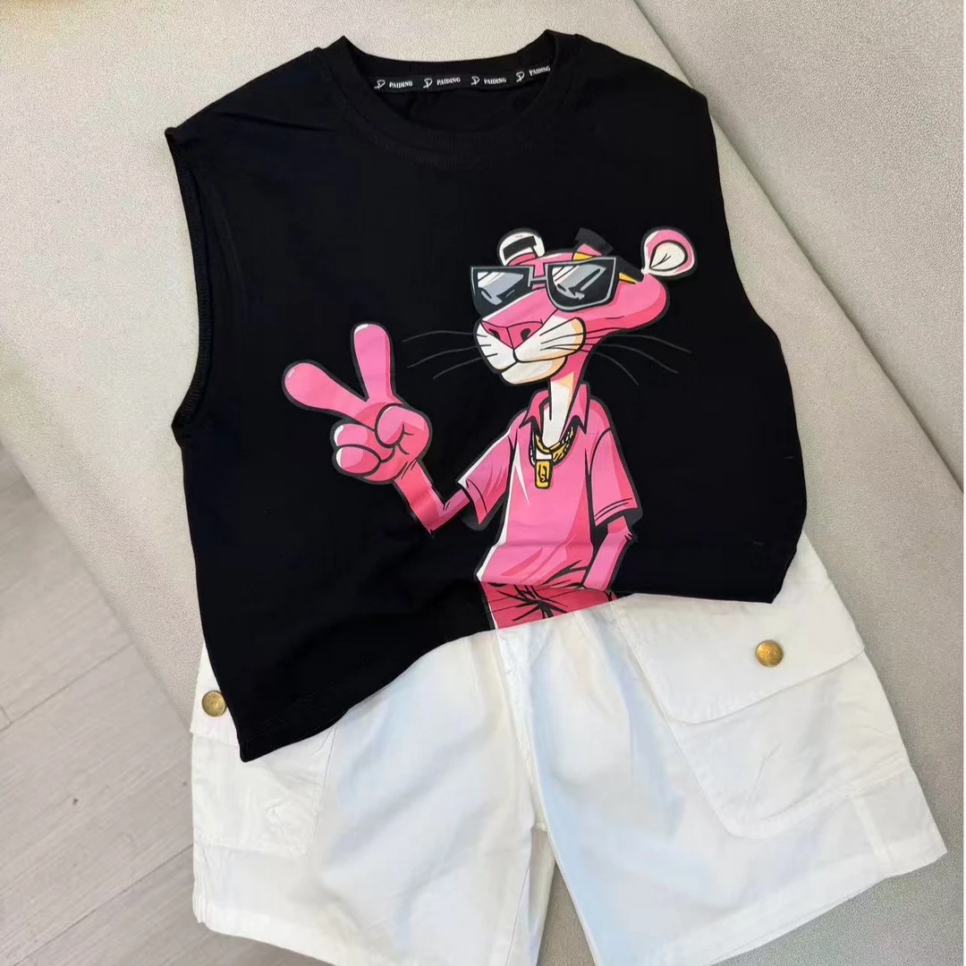 男童夏装T恤2025新款儿童痞帅粉红豹短袖男孩夏季网红工装上衣