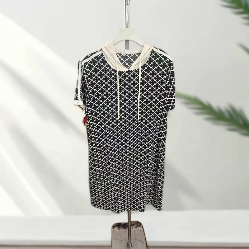 9709夏季新款连帽中长款减龄百搭简约风短袖妈妈装连衣裙（D仓西）