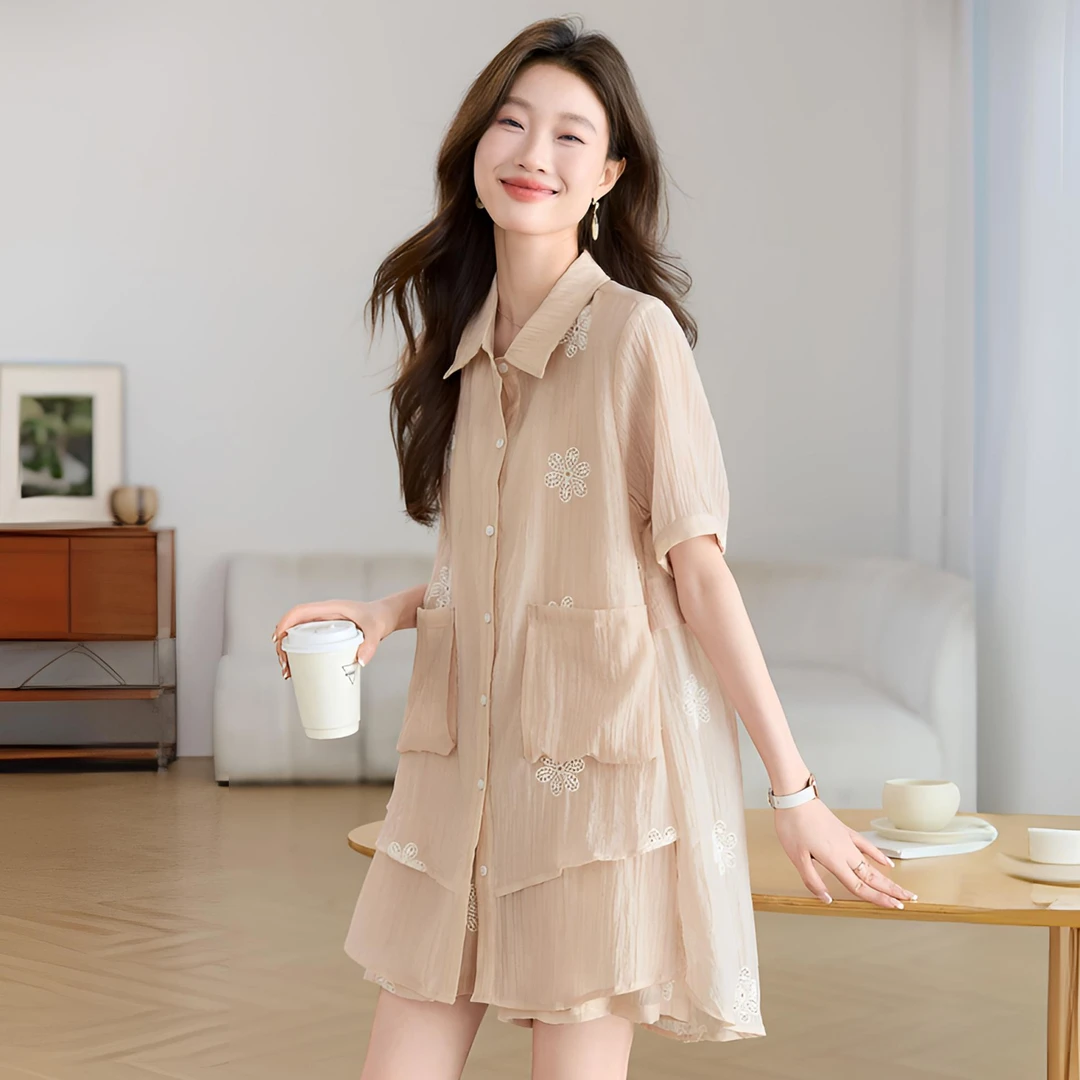 天丝绣花防晒套装女薄款2025夏季新款时尚长款衬衫休闲短裤两件套
