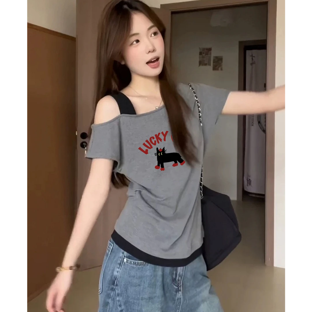 2025夏季新款漂亮穿搭上衣百搭灰色假两件斜肩设计感短袖T恤女