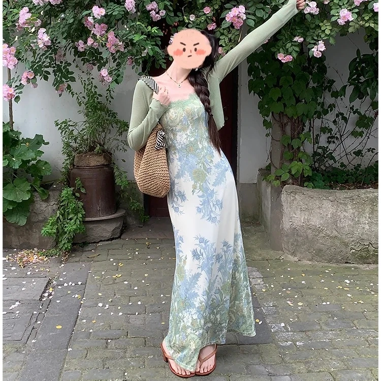 A305 新中式碎花吊带连衣裙夏季新款收腰显瘦长裙女