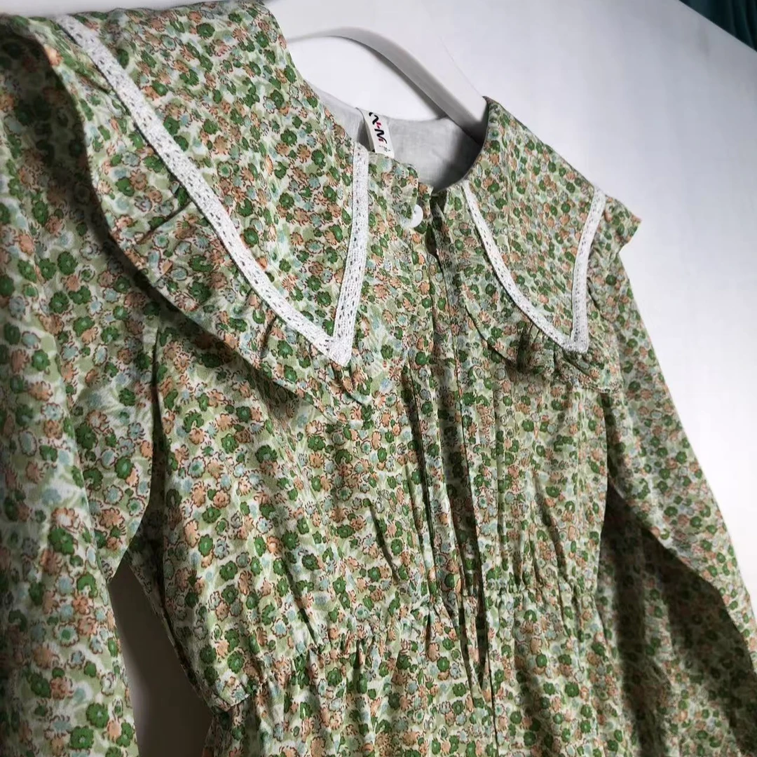 女童翠花连衣裙长袖碎花显瘦气质时尚百搭绿色女士收腰碎花显瘦