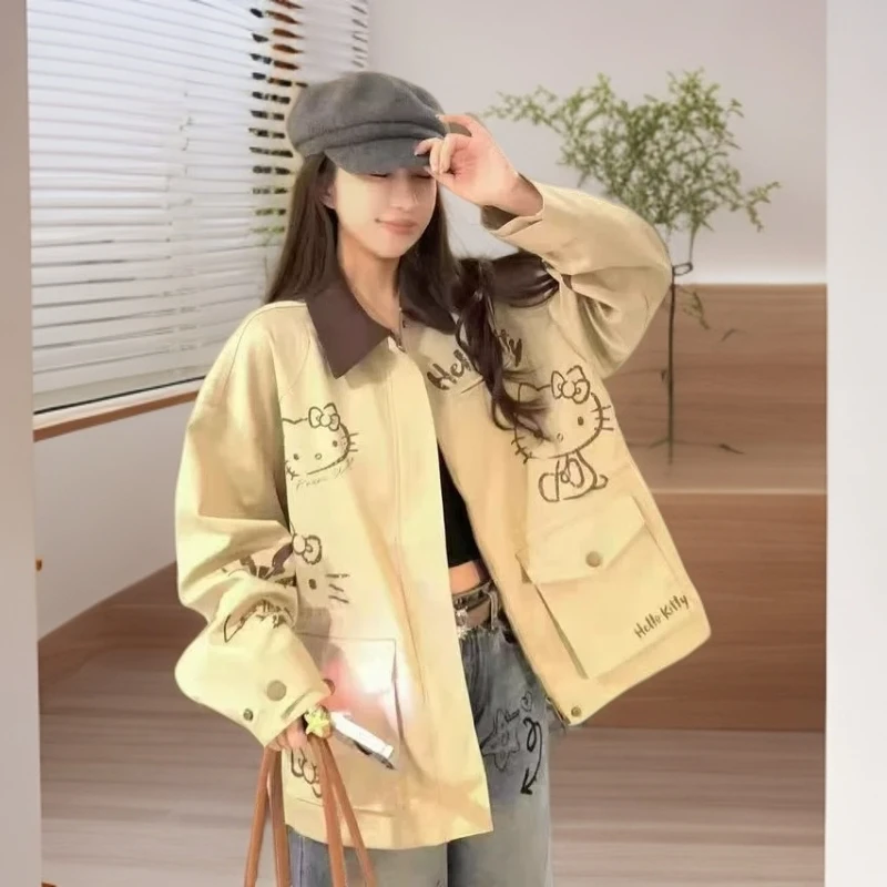 卡其色KT猫印花百搭风衣女秋季慵懒感宽松显瘦外套上衣