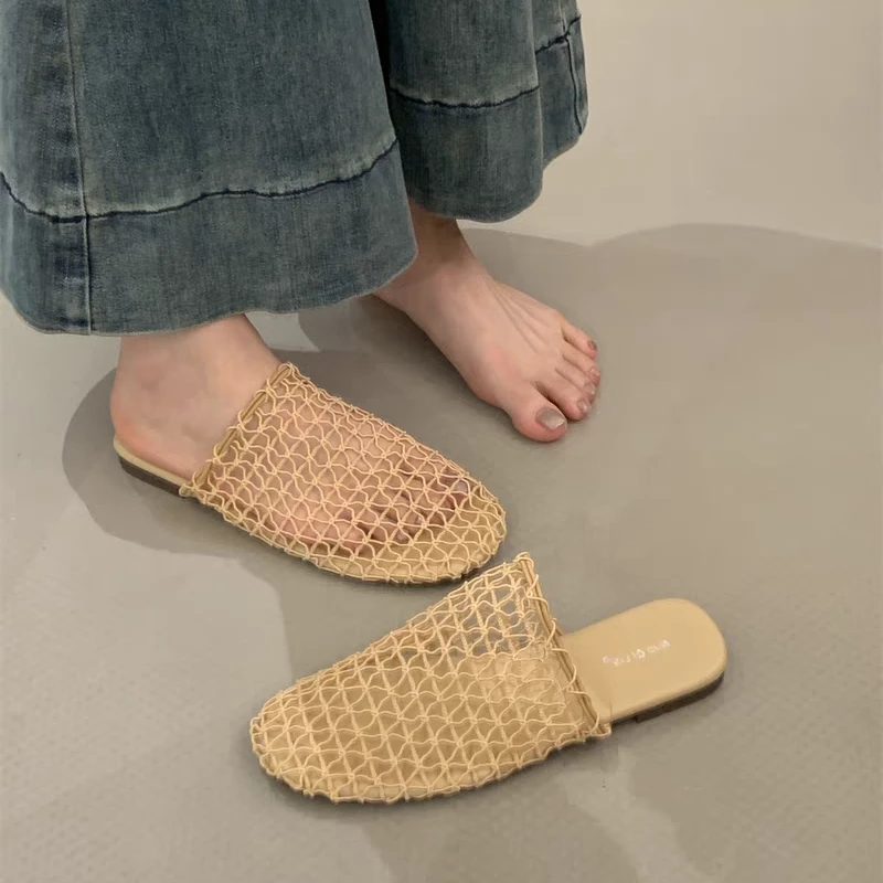 复古新款网面镂空透气凉拖鞋渔网编织包头半拖平底穆勒鞋罗马凉鞋