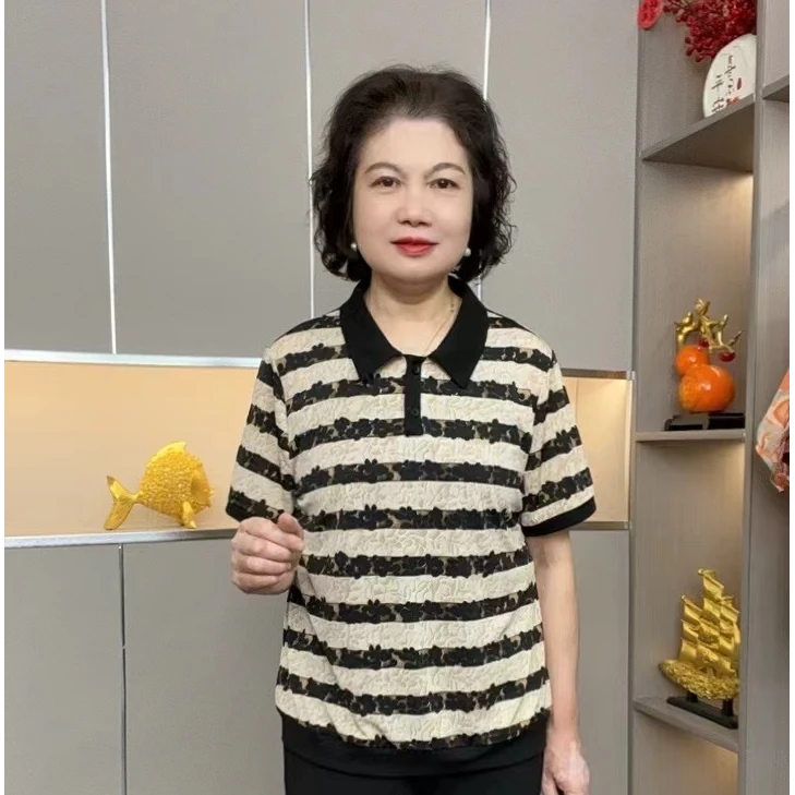 2025夏季新款简约时尚POLO领洋气条纹短袖恤中老年女显瘦妈妈装