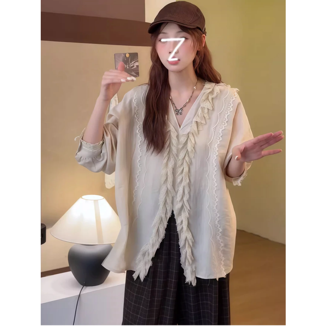 法式气质V领蕾丝花边开叉设计感衬衫女秋季小众宽松显瘦百搭上衣