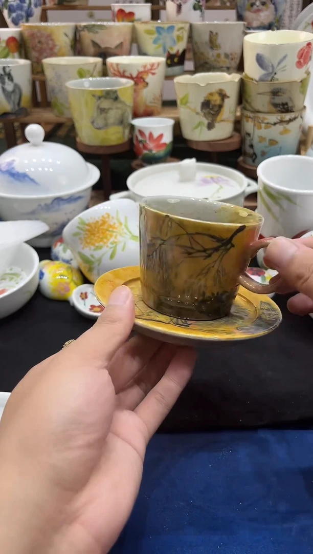 摆件景德镇高温釉下手工手绘油画风咖啡杯