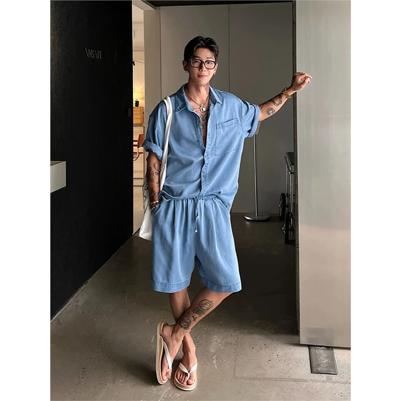 老钱风休闲套装男夏薄款莱赛尔天丝短袖衬衫慵懒松弛感穿搭一整套