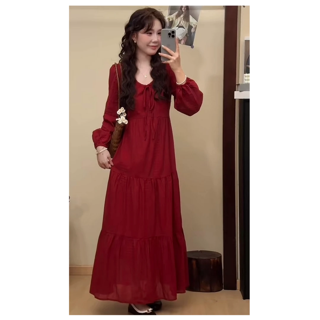 6751#复古设计圆领纯色显瘦时尚刺绣丹霞似锦气质连衣裙