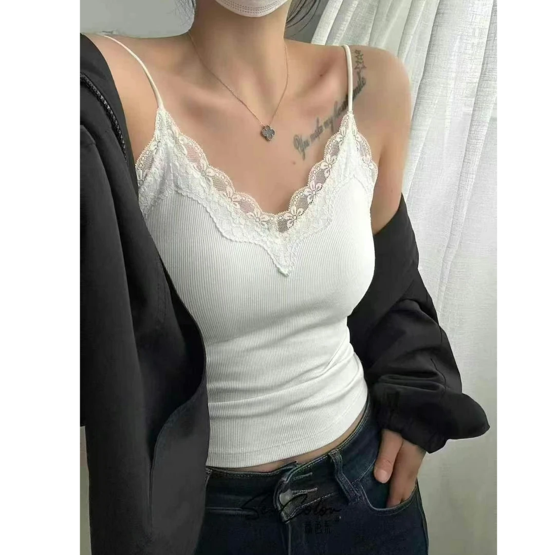 【MAN YAN】2025早春新款法式v领螺纹棉蕾丝背心