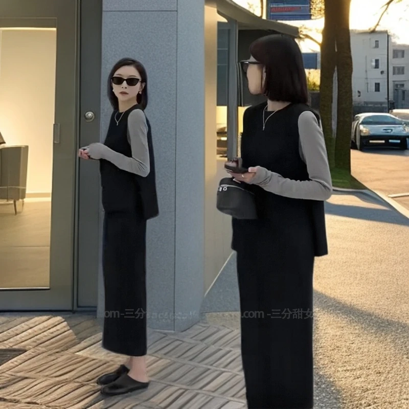 2025早秋气质马甲显瘦打底衫高腰开叉半身裙梨形身材穿搭套装女