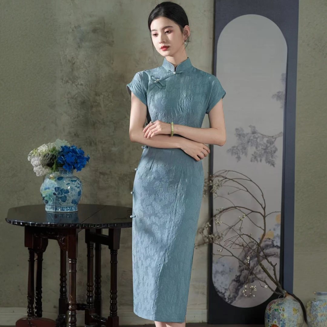 织月短袖长款提花新中式旗袍蓝色气质复古日常夏季旗袍小个子旗袍