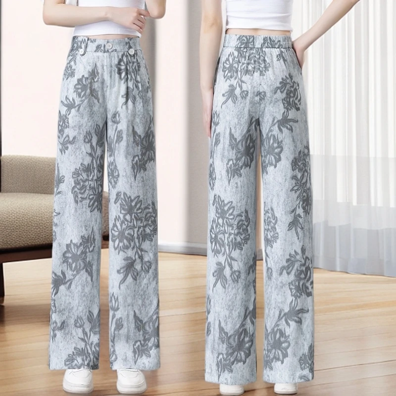夏季时尚薄款垂感直筒休闲长裤松紧高腰显瘦凉爽透气印花阔腿长裤