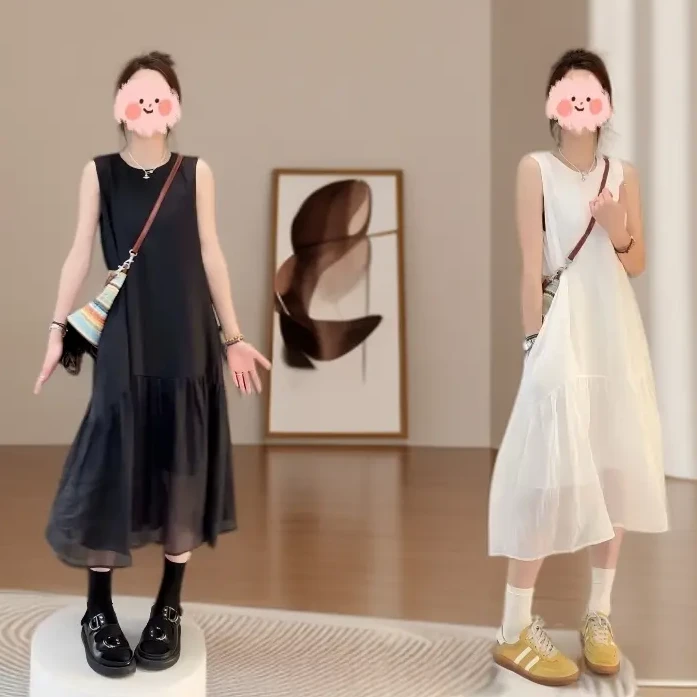 韩版夏季背心裙休闲风洋气连衣裙夏装常规无袖中腰中长款网红裙子