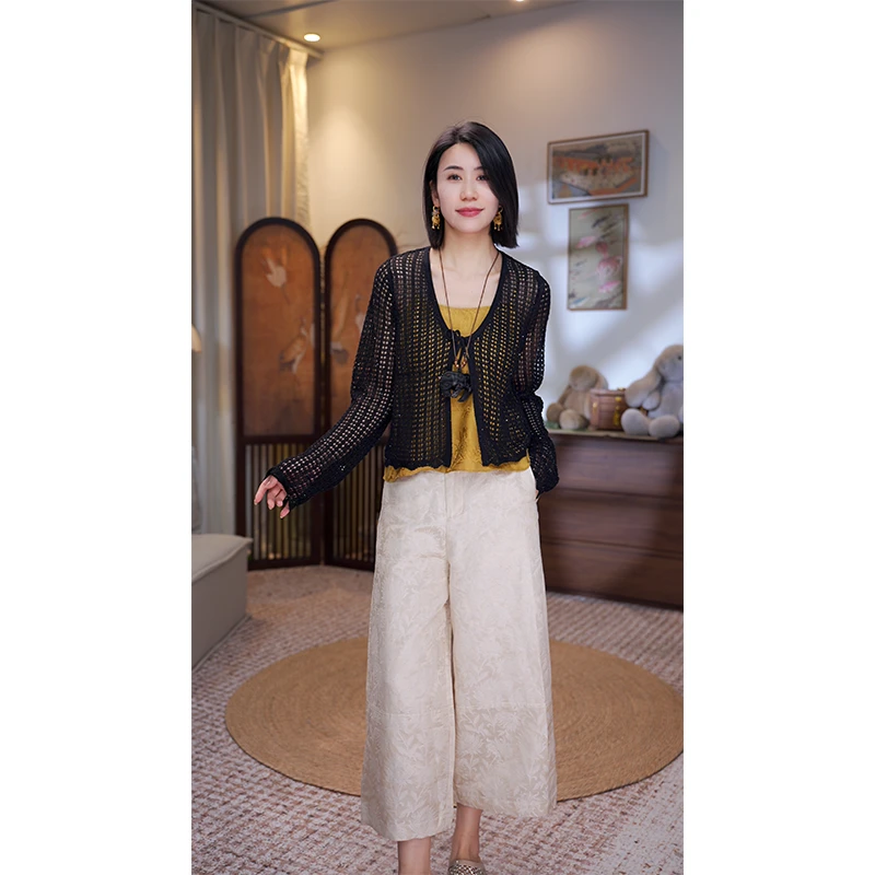 【满天星】新中式长袖小衫衬衫镂空亮片透气上衣8258047