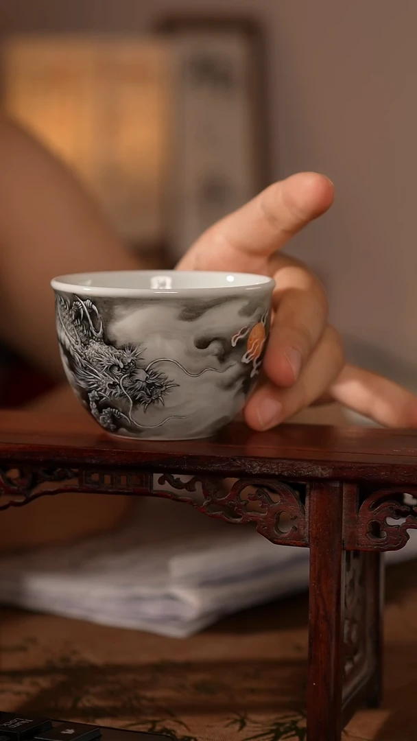 杯子主播手绘重工传统云龙纹缸杯