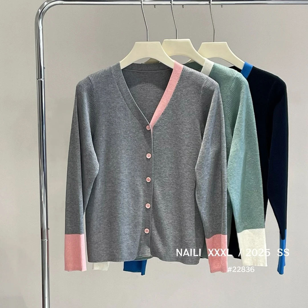 【涵胖胖】大码撞色v领上衣2025春胖mm宽松休闲针织开衫女22836【B】