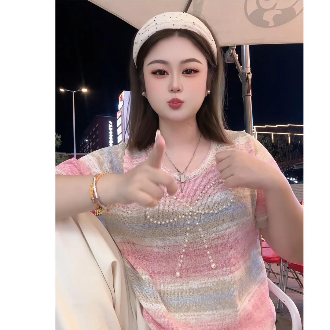 （525）大码女装短袖圆领渐变蝴蝶结上衣宽松版型清新甜美夏季新款