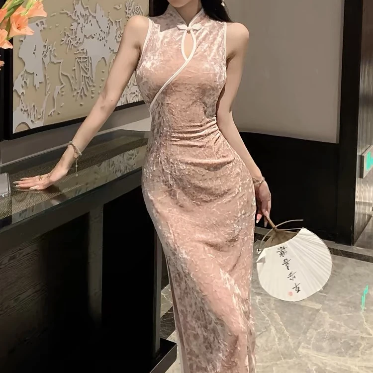 M3476新中式国风粉色丝绒改良旗袍连衣裙夏气质轻奢高级感包臀裙