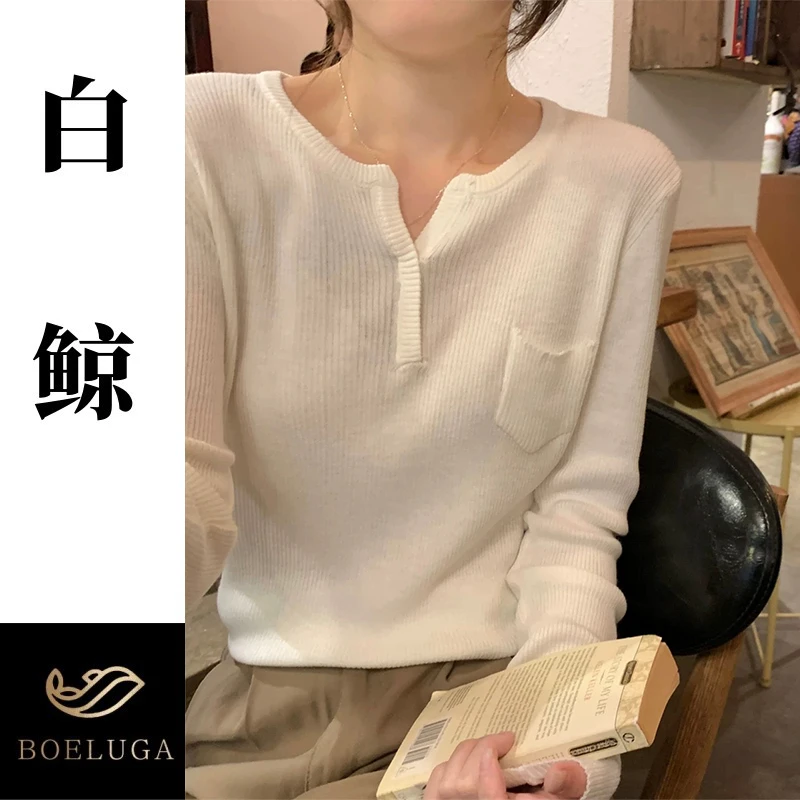 【白鲸】秋季V领长袖套头时尚百搭宽松休闲2633