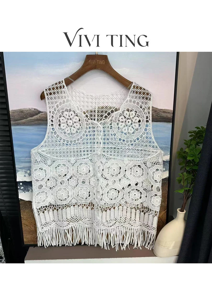 【VIVI·TING】婷姐推荐全身镂空钩花透视下流苏单排扣马甲背心s53
