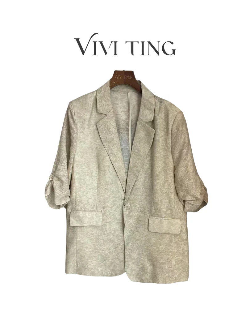 【VIVI·TING】婷姐推荐夏季时尚轻奢设计师褶皱七分袖西装外套s640