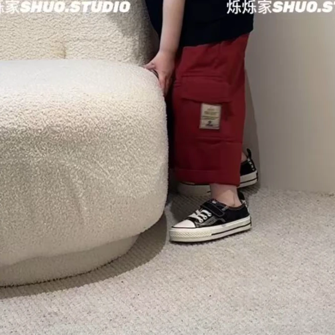 烁烁家夏季新款美式儿童潮宝红色工装裤