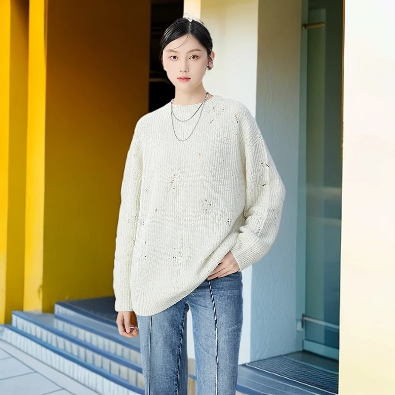 哥弟针织衫毛衣春季爆款圆领不规则破洞设计宽松套头卫衣1399668