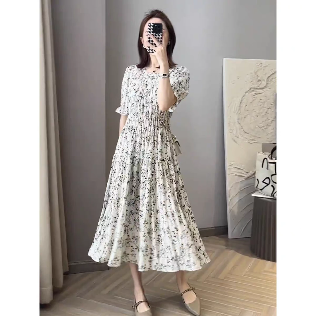 （女王范）C03圆领褶皱短袖连衣裙109cm