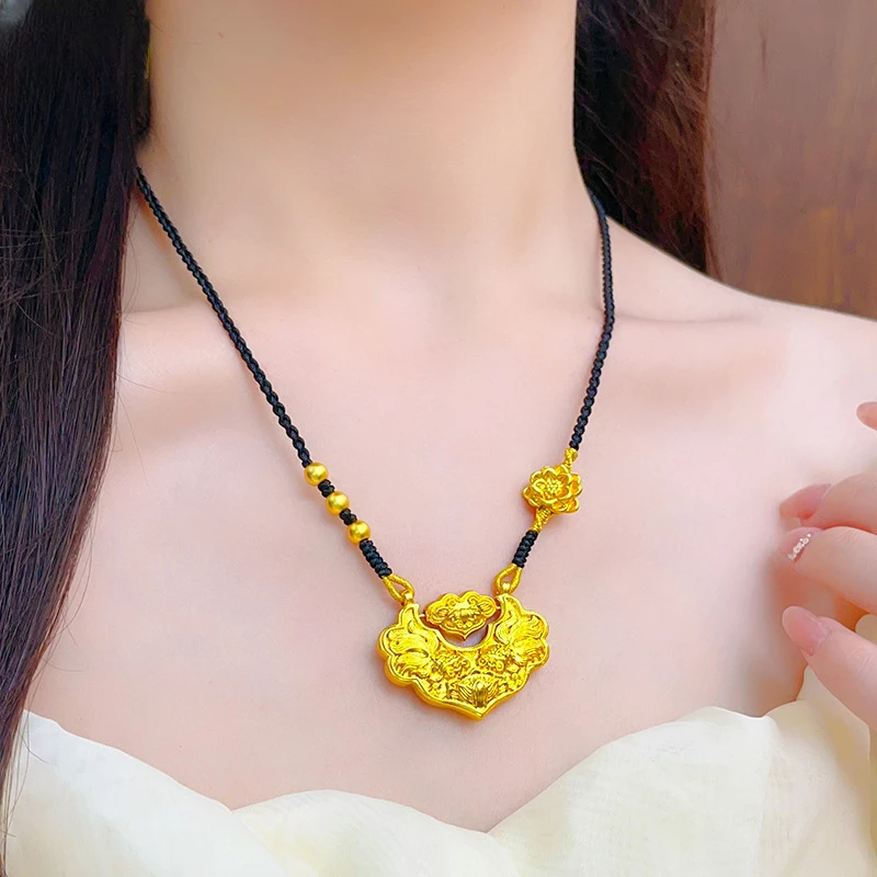 铜合金吊坠 精工高保色双鱼锦鲤锁包吊坠项链女款手工编织莲花绳