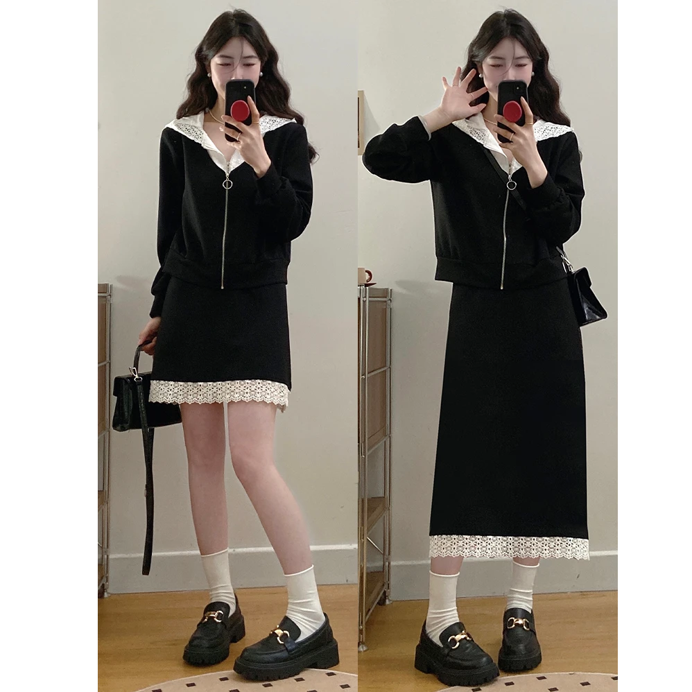 大码胖MM梨型身材时尚穿搭设计感蕾丝拼接卫衣高腰显瘦半身裙套装