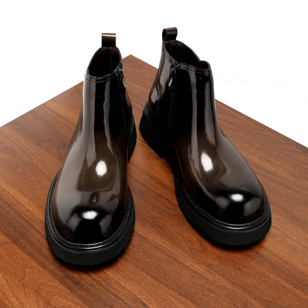 马丁靴男款亮面大头皮靴英伦拉链圆头高帮皮鞋加绒保暖短靴男冬季