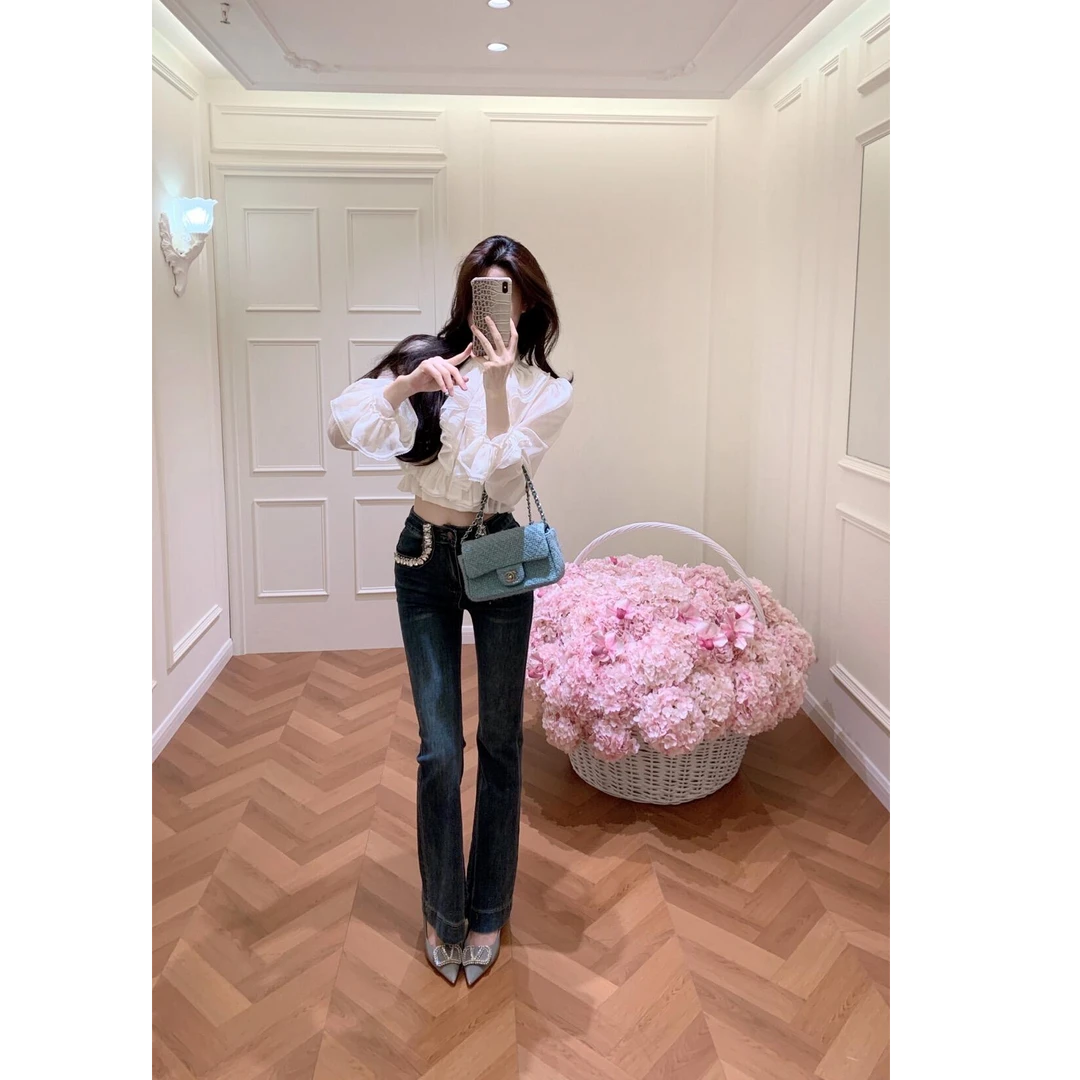 法式设计感衬衣女秋季2025新款褶皱花边别致少女感上衣配休闲裤子