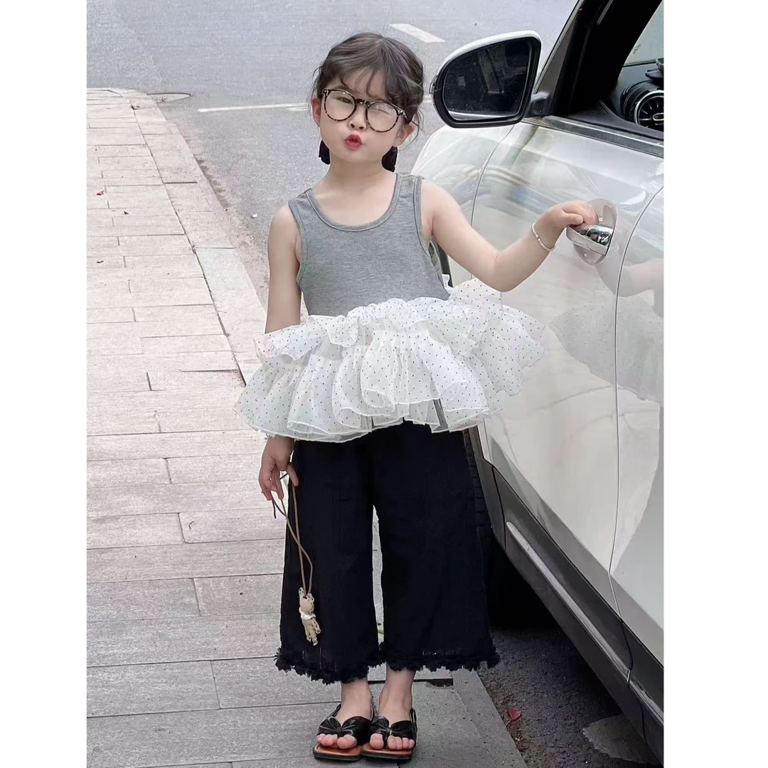 女童套装2025夏季新款韩版洋气拼接波点网纱上衣七分阔腿裤两件套