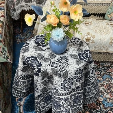 ZN067-33棉麻【100*100】青花瓷棉麻交织布桌布茶几布多功能盖巾