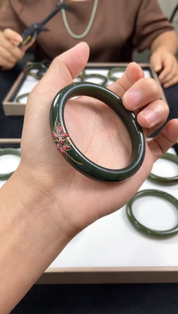 和田玉手镯未镶嵌天然和田玉描金手镯圈口61 1407