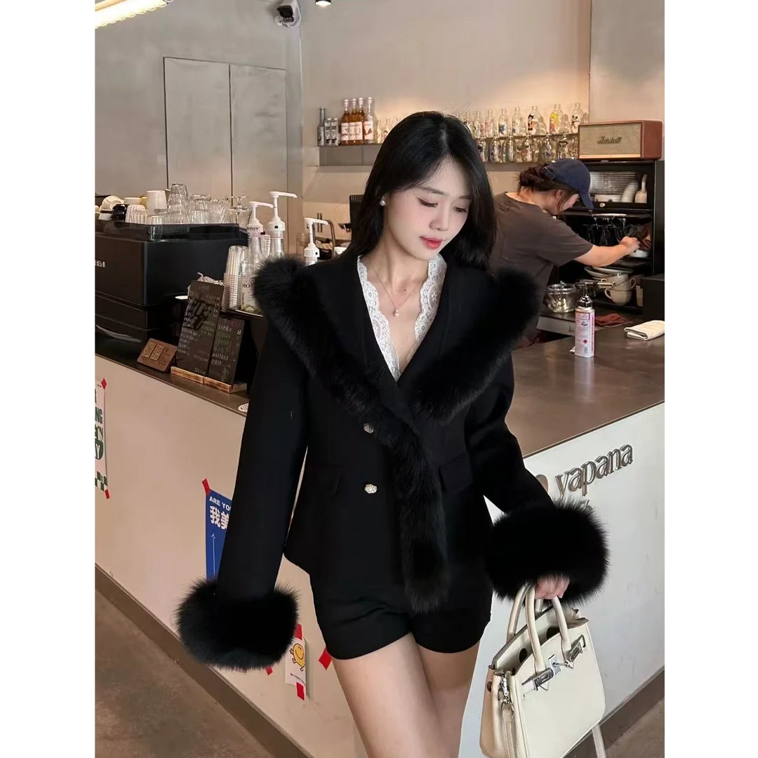 2025秋冬新款双面短款大衣毛领黑色修身上衣毛呢外套S711271