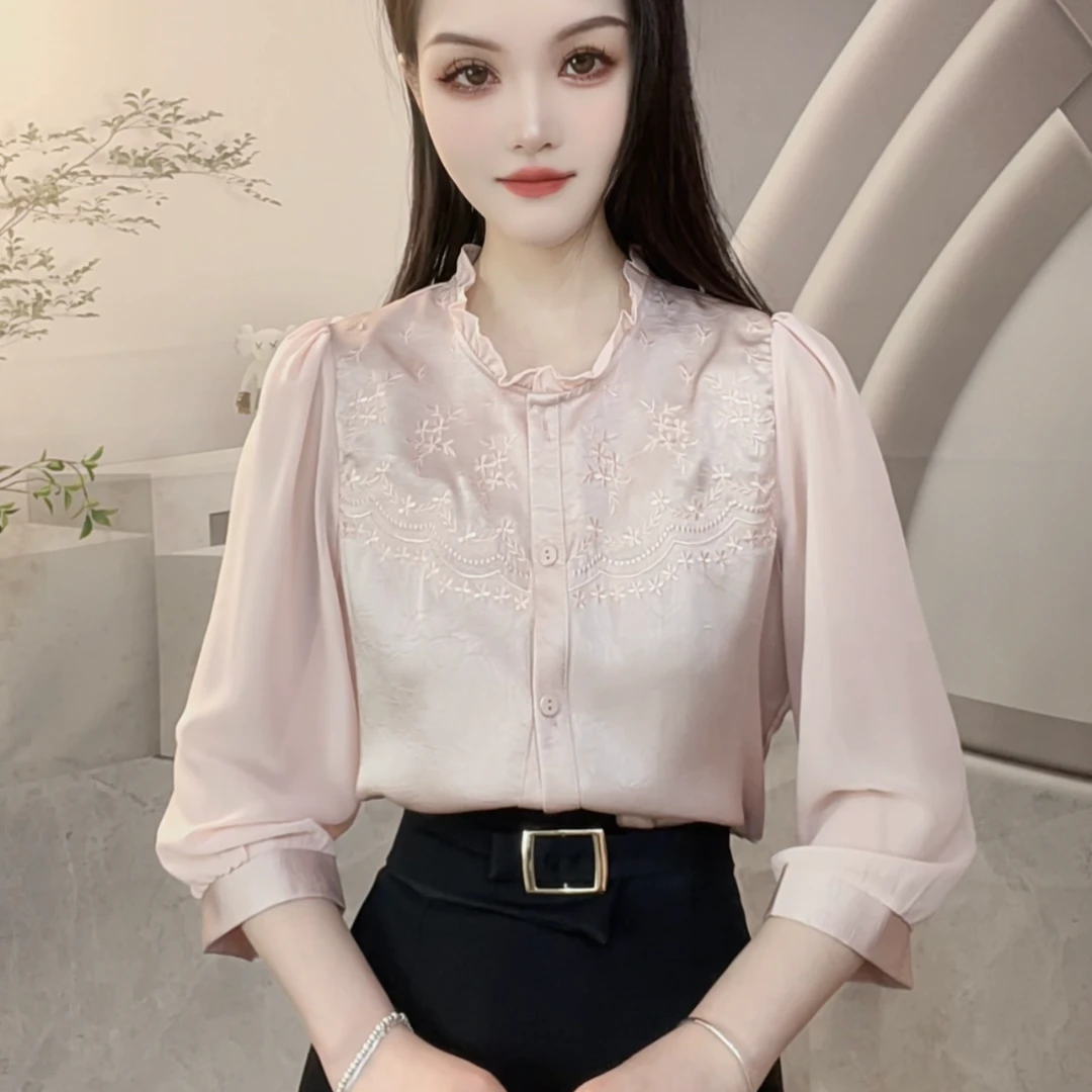 国风新中式衬衣女2025新款春夏七分袖镂空木耳领衬衫百搭时尚小衫