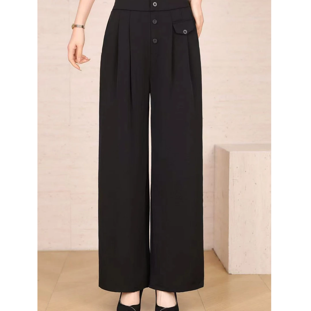 YX95192(聚水潭)口袋休闲裤真丝高腰阔腿裤女士休闲女裤女士丝丝