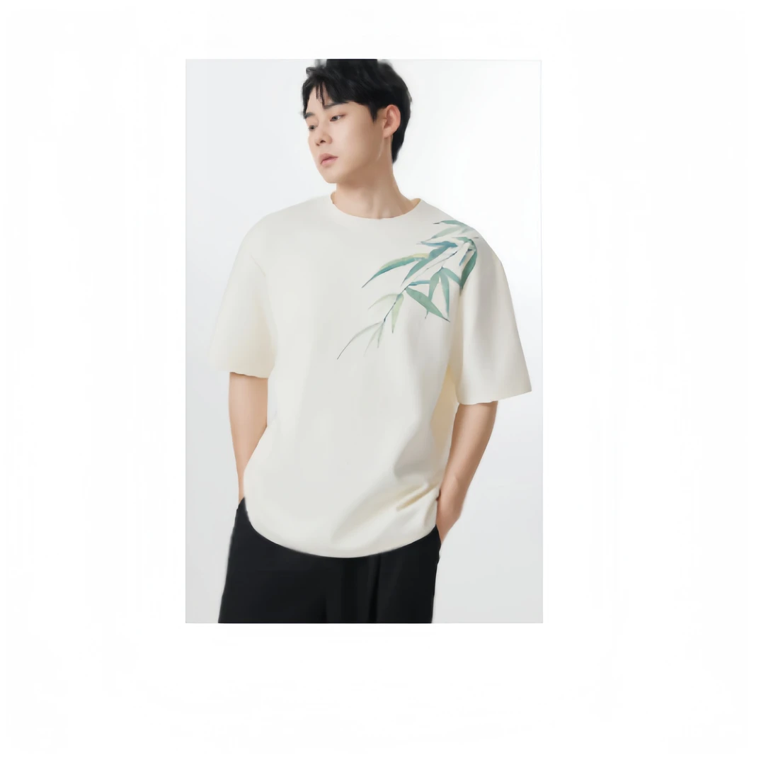 C06-42122-CNE夏季正面竹叶印花时尚圆领半袖