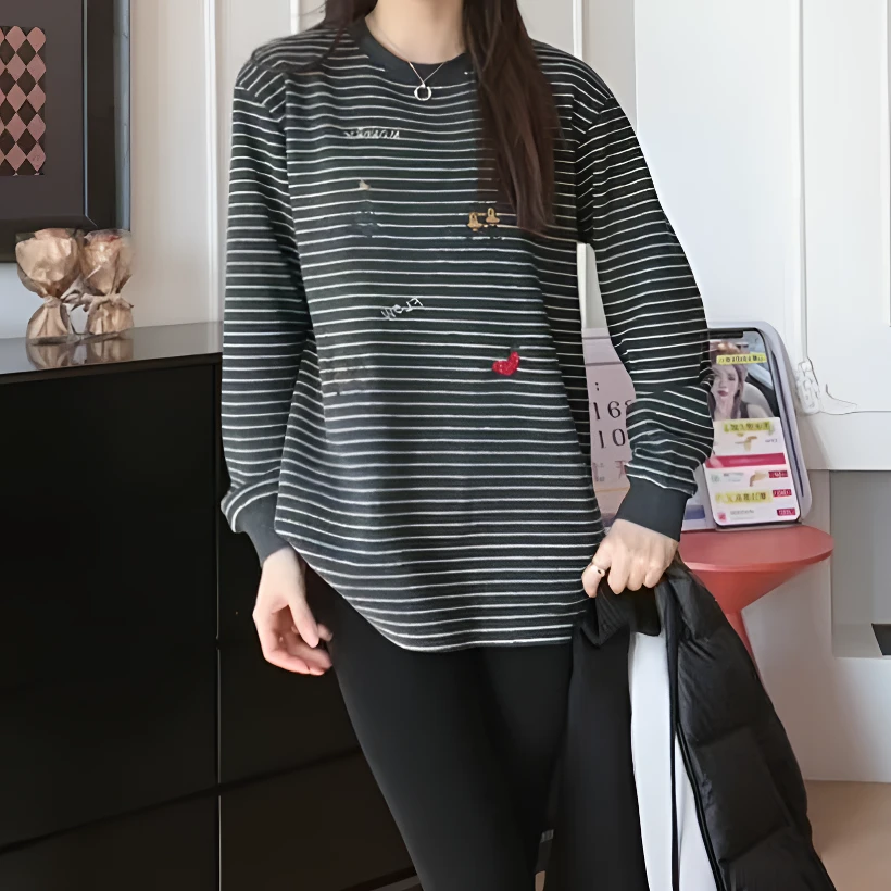 【YHH】圣诞T 冬季时尚重工刺绣加厚就加绒中长款T恤-YHW5179