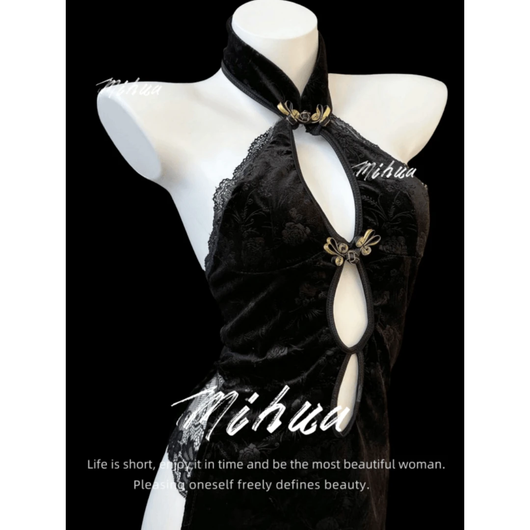 【国色天香】80-200斤小睡裙蕾丝显瘦紧身黑色连体修身包臀露背纯欲