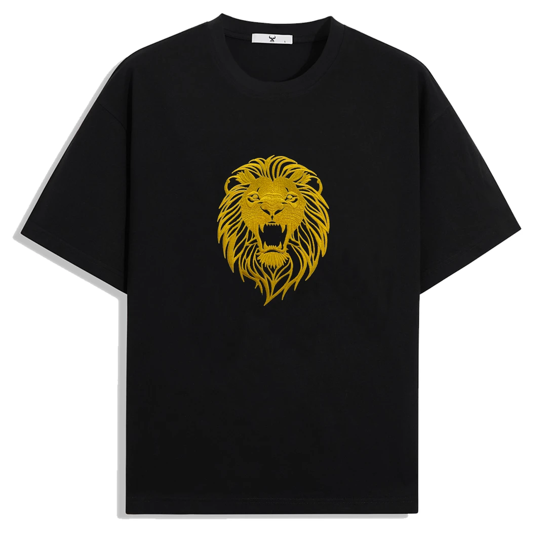 夏款金狮王刺绣麻棉男女同款时尚圆领短袖圆领宽松纯棉圆领