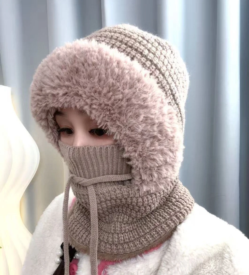 冬季帽子围脖一体帽女 毛线加绒加厚针织帽 保暖护颈防风骑行帽子
