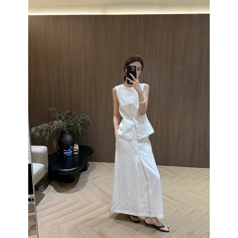 饭饭FANN COLLECTION 折露 100亚麻垂感直筒半身裙FANNC126
