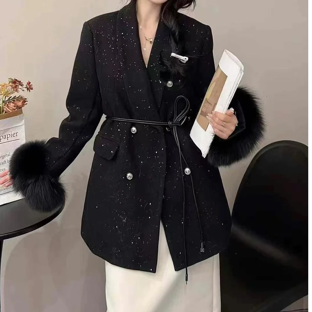 专柜正品简约风韩版系带大口袋毛领外套女Y083