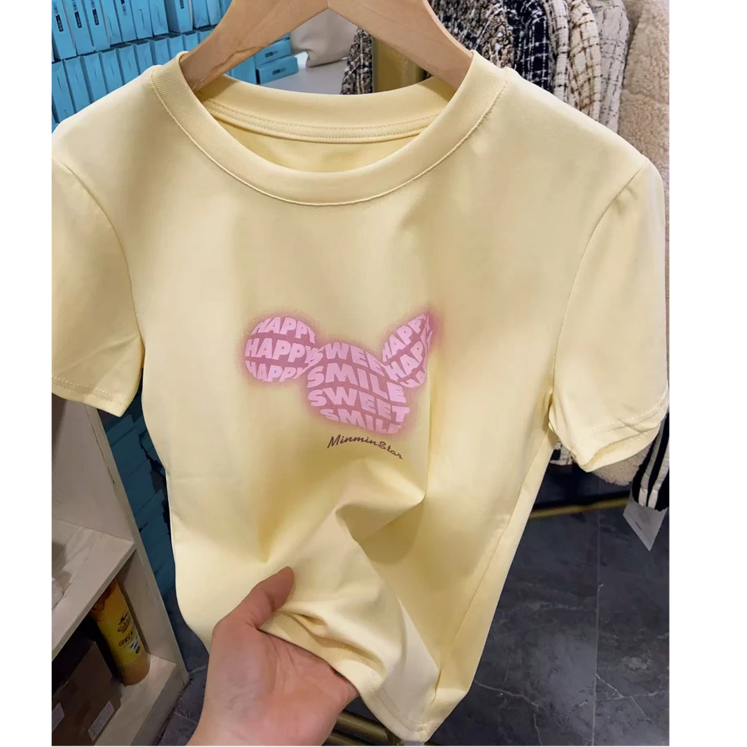 A1905奶黄米其印花圆领短袖T恤