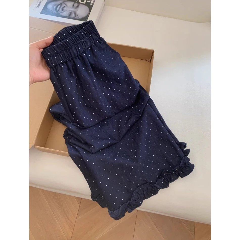 慵懒风波点印花九分直筒裤夏季新款梨形身材高腰显瘦宽松休闲裤